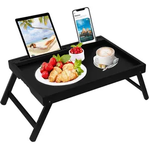 Bed Tray Table with Foldable Legs, Breakfast Trays for Eating on Bed Couch with Media Slot, TV and Kitchen Serving Tray, Black, Medium