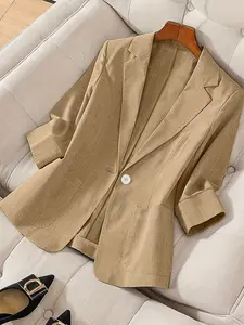 Solid color texture seven quarter sleeve suit jacket for women, available in multiple colors, with a single button waist cinched casual jacket for commuting, slim, fitted and versatile top