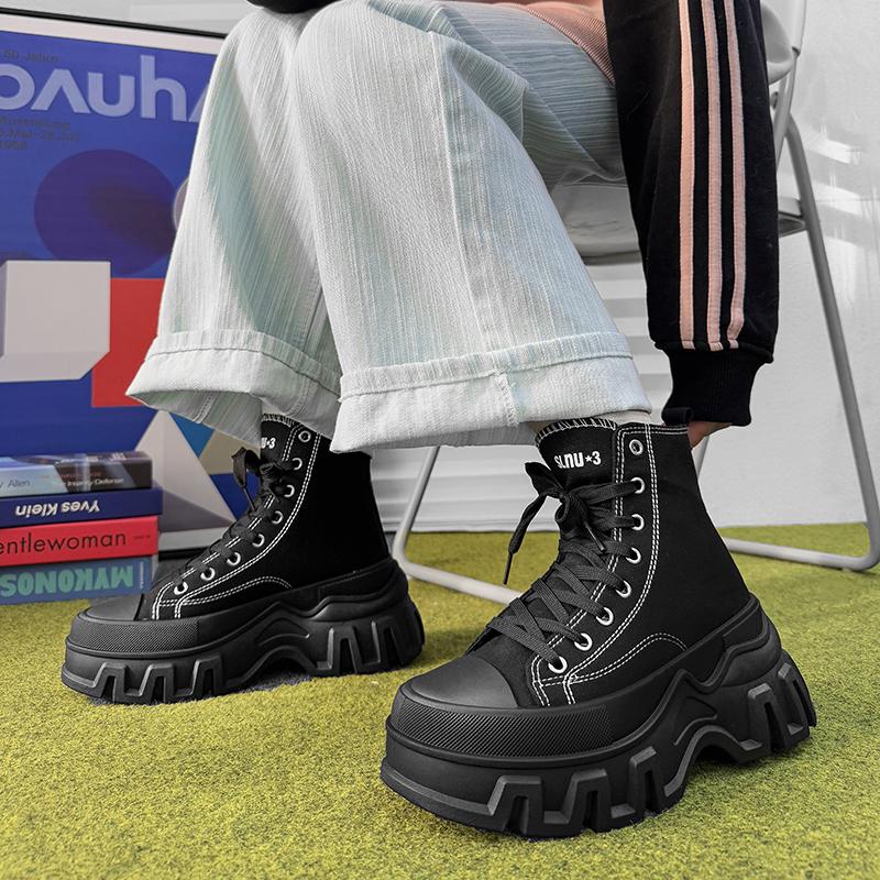 SLNU3 Brand Unisex Thick-Soled Height-Increasing High-Top Casual Sports Shoes with Fabric Upper in Black, Plus Size for Women's Casual Wear