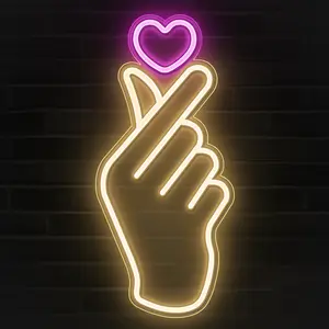 Finger Heart Neon Signs - Premium K-Pop Heart Hand Led Sign - Pink & Warm White K-Drama Hand Heart Gesture Neon Lights - Korean Hand Symbol Love lights for Wall, Bedroom, Game Room Decor