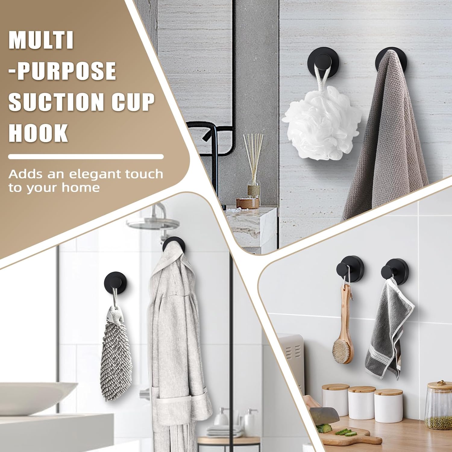 Drill-free bathroom suction hooks, suitable for shower rooms, can be used to hang towels, bathrobes, bath balls, etc. They can be installed on bathroom walls, kitchens, glass, mirrors, tiles and smooth, non-porous surfaces. Layer