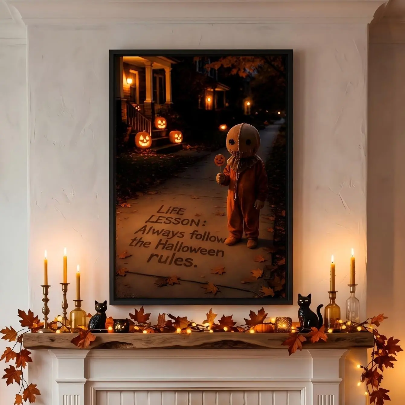 Sam Trick 'r Treat Frameless Canvas Art Print - Spooky Halloween Movie Poster with Cute Scary Pumpkin Kid Design, Decorative Gothic Wall Home Decor, Fan Gift