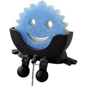 Cute Smiley Sponge Holder for Kitchen Sink, Adhesive Hanging Sink Caddy, Quick-Drying & Space-Saving Kitchen Organizer, Keep Sponges Dry and Clean (Black)
