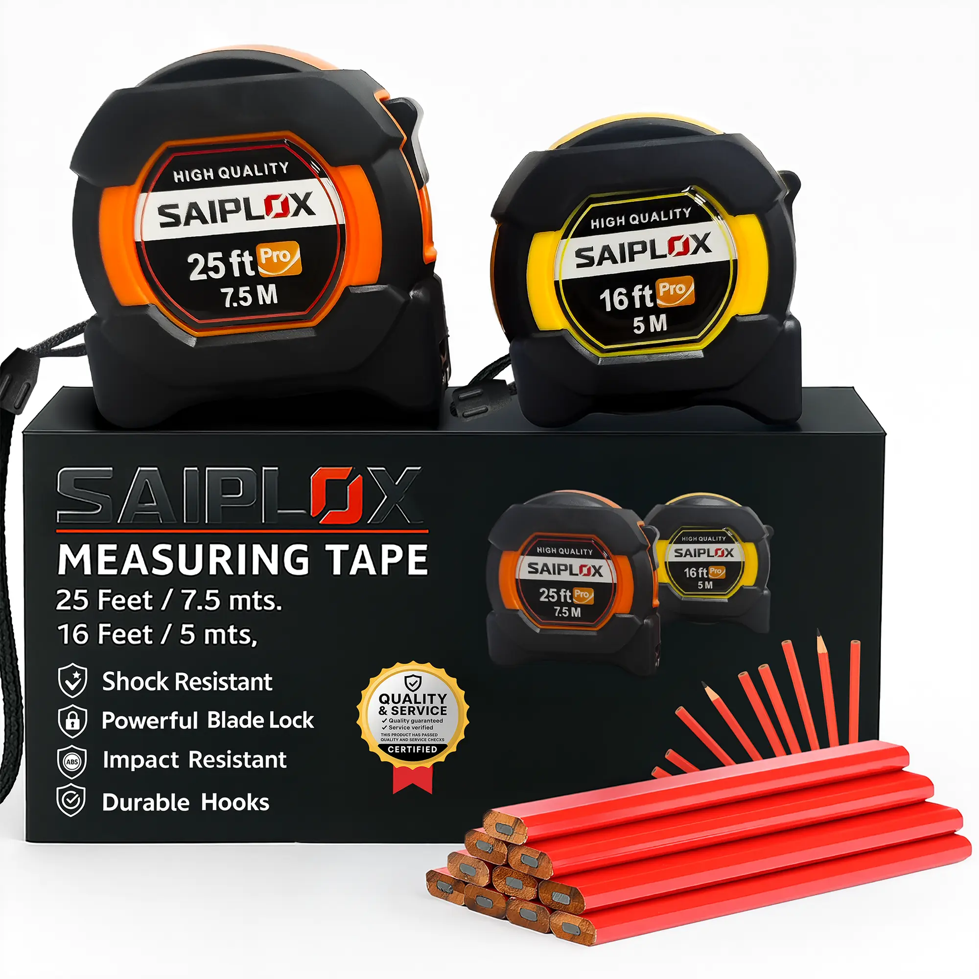 SAIPLOX-Series Measuring Tape 25ft 7.5M & 16ft 5M Shock Resistant Impact Resistant Durable Hooks for Secure Attachment