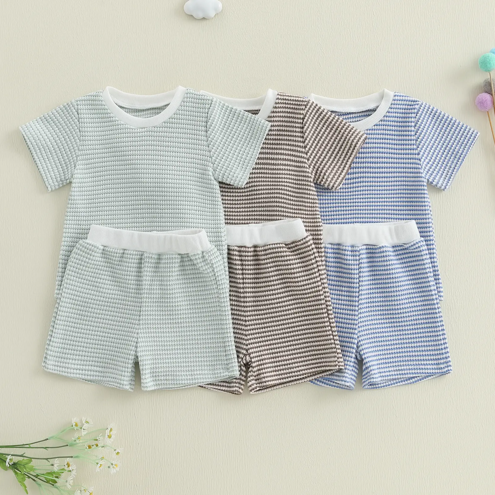 Toddler Baby Girls Boys Summer Outfit Waffle Striped Short Sleeve T-shirt Top Elastic Waist Short Cute Baby Casual Clothes