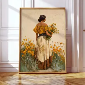 Cempasúchil Woman Wall Art – Mexican Folk Floral Print, Día de los Muertos Inspired Latina Heritage Decor, Room Decor T