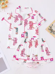 Women's All Over Denim Boots Print Pajama Two-piece Set, Casual Comfy Short Sleeve Lapel Shirt & Shorts PJ Set, Ladies Summer Sleepwear, Loungewear