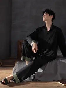 Men's Two-Piece Polyester Ice Silk Pajamas, Sleeves, Spring Autumn Home Wear, Casual Outerwear, Trendy 2026 New Design