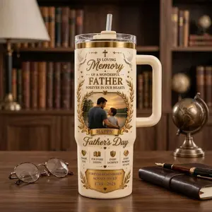 Memorial Father Tumbler 40oz, Personalized Photo Dad Memorial Gift, Custom Name Date Father's Day Cup, In Loving Memory Tumbler