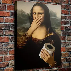 Framed Canvas Painting "Mona Lisa with Toilet Paper" Humorous , Modern Bathroom Art & Conversation Starter for Living Room, Office, Funny Bathroom Wall Art, Conversation Piece, Playful Twist, Sleek Frame, Office Decor