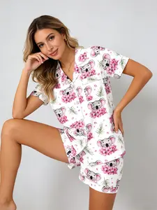 White Cute Koala Pink Floral Print Pajama Set for Women, Button Down Short Sleeve Shorts, Spring & Summer Wearable Loungewear, White Trim Accents, Coquette Soft Girl Home Outfit