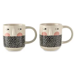 Cheeky Faces with Dots Mugs 2 Pack 16.2 fl oz Stoneware Microwave Safe Fun Playful Design Dishwasher Safe