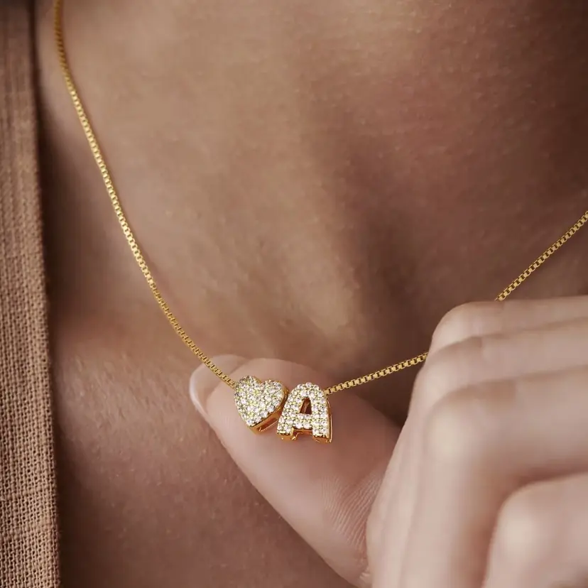 Bubble Heart-Shaped Necklace A-Z Letter Pendant 14K Gold Plated Cute Monogram Necklace Gifts For Women