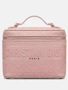 Pre-owned Dior Canvas Clutches & Wristlets Embroidered Vanity Bag Medium Pink