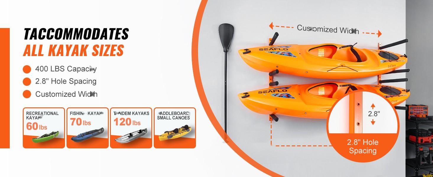 Wall Mounted Kayak Storage Rack 4-Holder System With Padded Adjustable Arms For Kayaks Canoes And Stand-Up Paddleboards, Heavy Duty Wall Hooks Supports Up To 400 Lbs Indoor Outdoor Garage Organization