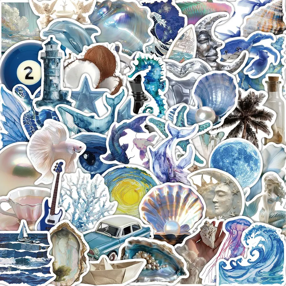 50 Silver Blue Ocean Graphic Graffiti Stickers, Decorative Guitar Notebook Luggage DIY Versatile Use Waterproof Decals, Flat Style, No Ca Prop 65 Re, Large Quantity Sticker Set
