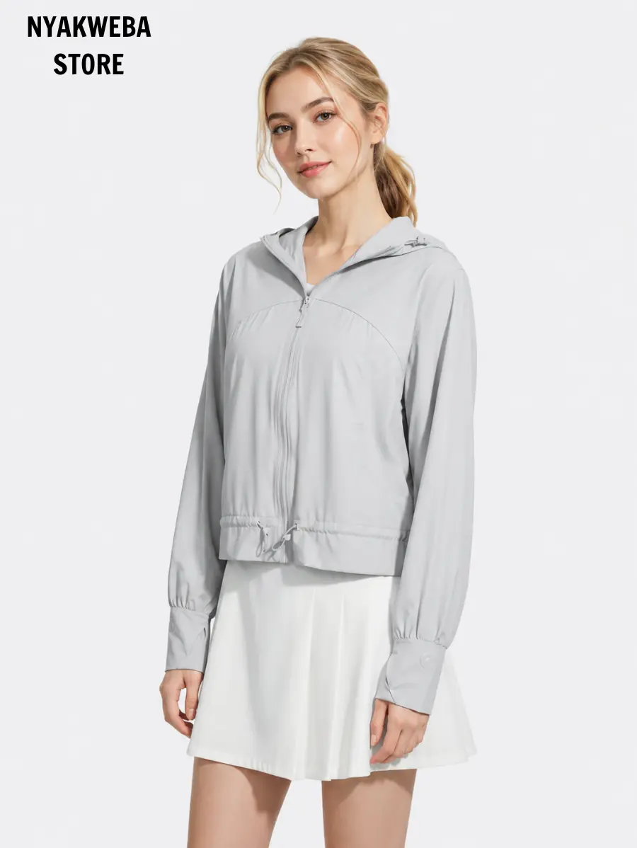 NYAKWEBA STORE Womens Light Sun Protection Jacket Lightweight Windbreaker Hooded Crop Zip Up Outerwear Long Sleeve Drawstring Hem Casual Athletic Jacket