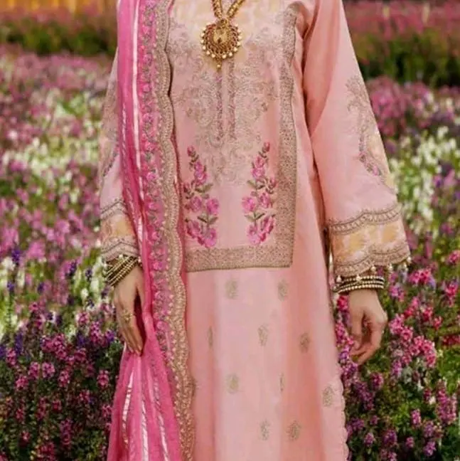 Women's 3-Piece Stitched Lawn Outfit Set, Chicken Kari Embroidery, Zarri Dupatta, for Wedding & Party Wear