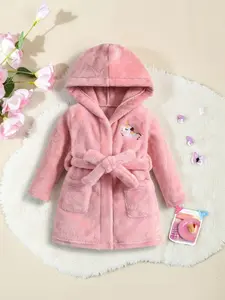 Fire Retardant Toddler Girls Hooded Robe, Long Sleeve Belted Pockets Cartoon Pattern, Flannel Soft Warm Home Casual Sleepwear Loungewear Bathrobe