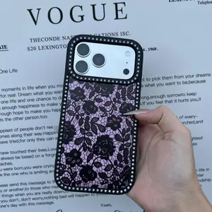 Rhinestone-Studded TPU Protective Cellphone Case - Shiny-Edge Black Lace, Flat-Print Blush Pink, Elegant Feminine Cover for iPhone 17,16,15,14,13,12,11 Pro Plus Max, Tech Accessories, Mobile Phone Accessory