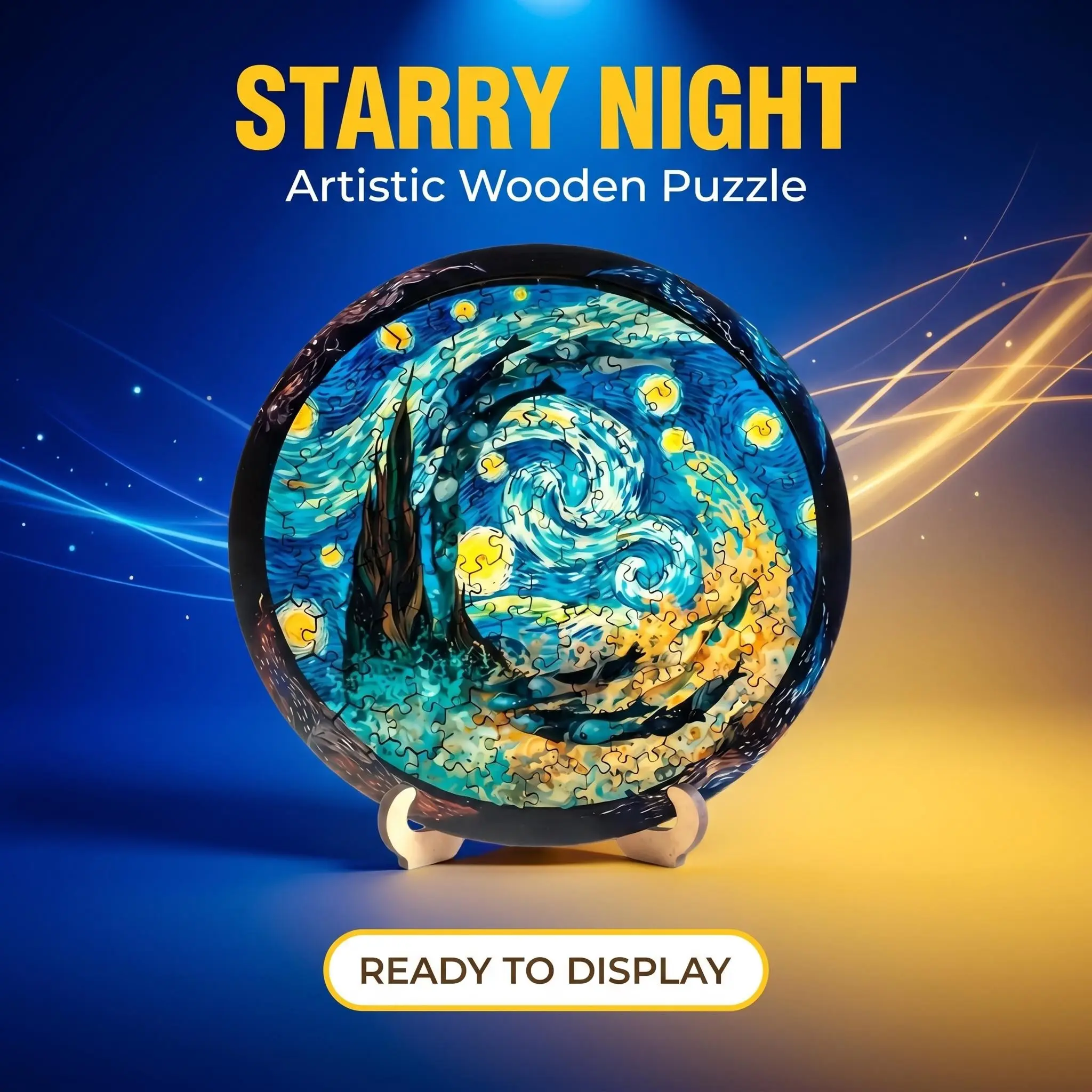 Van Gogh The Starry Night Mini Wooden Jigsaw Puzzle with Display Stand & Organza Storage Bag, Portable Palm Size Classic Art Round Wood Puzzle for Adults, Unique Art Decor Birthday Holiday Gift for Art Lovers