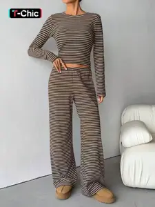 Women's Casual Striped Long Sleeve Top and Pants Matching Set, Slimming Two-Piece for Daily Wear, Comfortable and Stylish Fit, Striped Sets