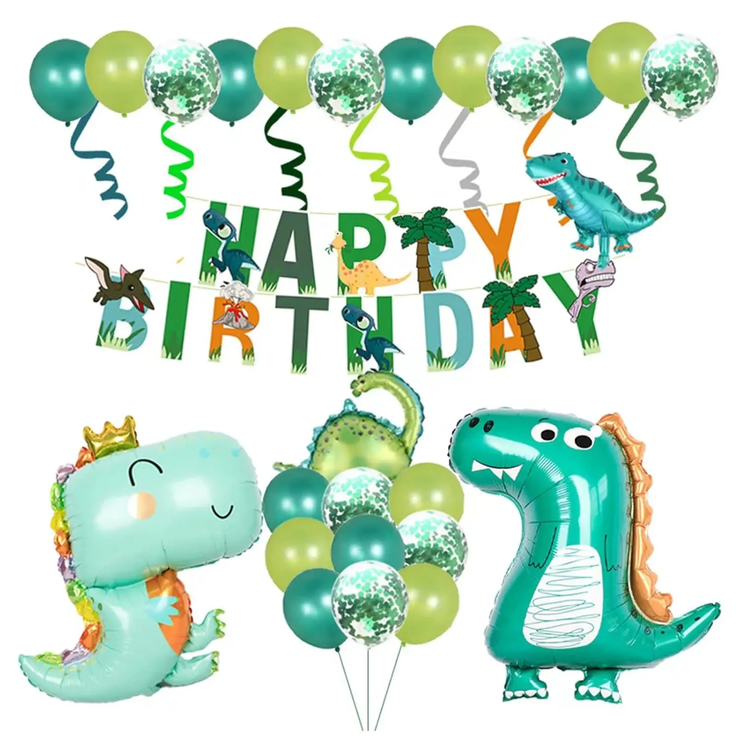 Dinosaur Birthday Decorations, Cute Dino Balloons, Banner, and Confetti Balloons for Boys' Party