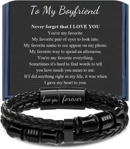 Gifts for Man Double-Row Braided Leather Bracelet for Men Cool Gifts for Dad Son Boyfriend Husband Birthday Gifts for Anniversary Leather Bracelet Christmas Anniversary 7.5 8.5 9 Inches