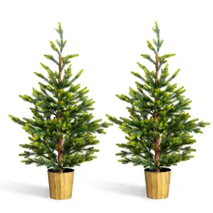 【Summervibes】2 Pack 4 FT Dual Tone Artificial Christmas Tree with Pot Stand, Potted Xmas Pine Tree with 119 Branch Tips for Holiday Party Office Home, Green