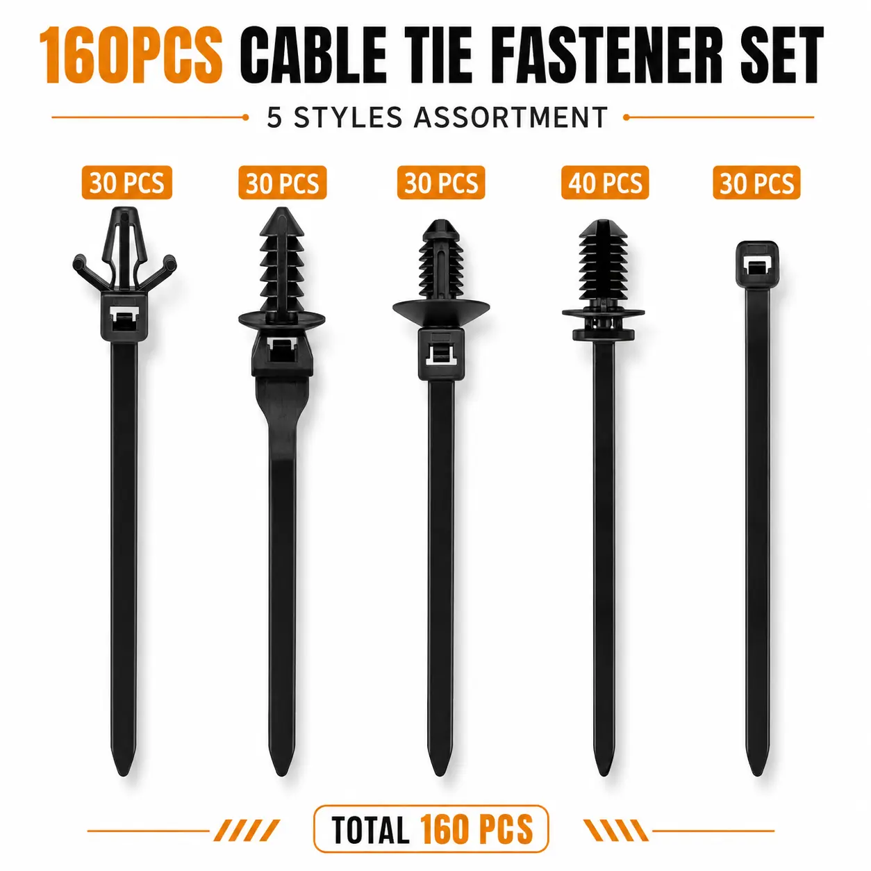 160PCS Automotive Cable Tie Fastener Assorted Pack - 5 Styles Push-in Mount Push-in Clip Self-locking Tree/Wing Cable Zip Ties, Plastic Wiring Harness Clips for Car Engine Bay & Automotive Users