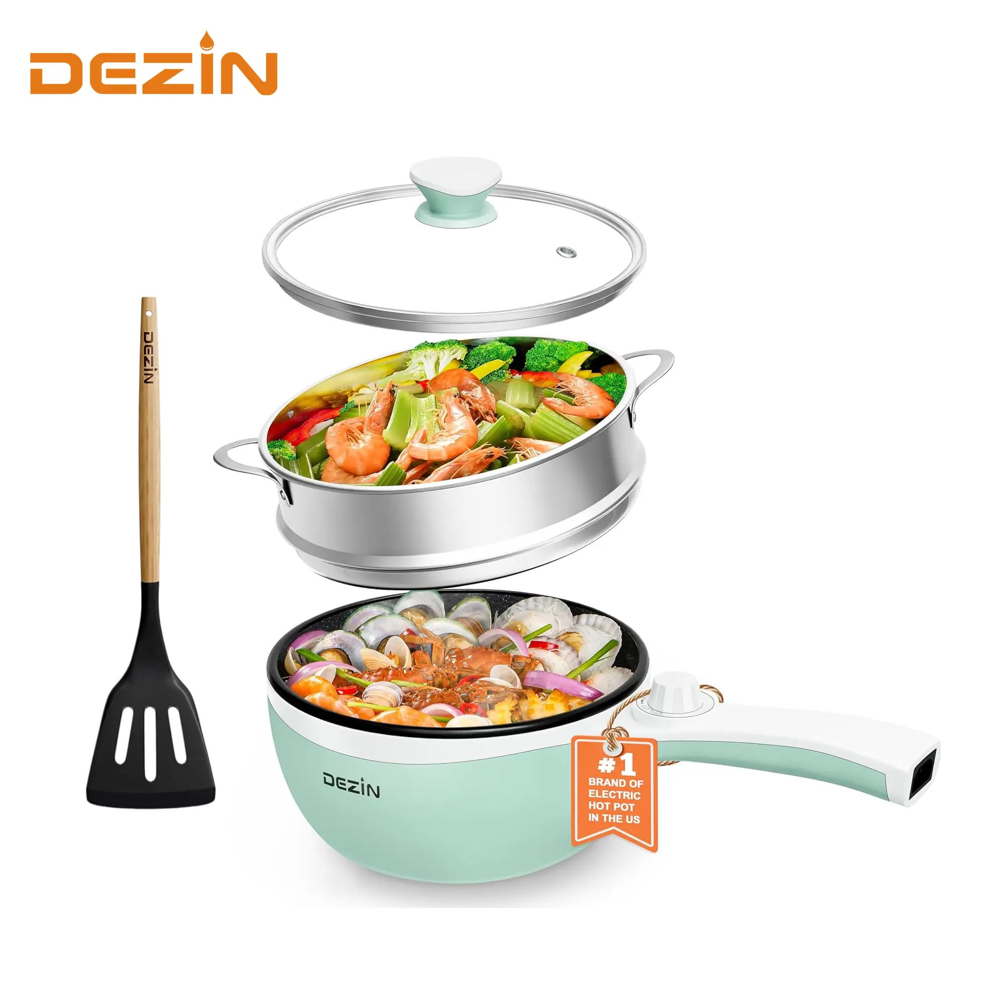 Dezin School and Dorm Essential Electric Pot, Cooker, Non-Stick Sauté Pan, Mini Electric Fondue Pot for Cheese, Stir Fry, Roast, Steam with Power Adju