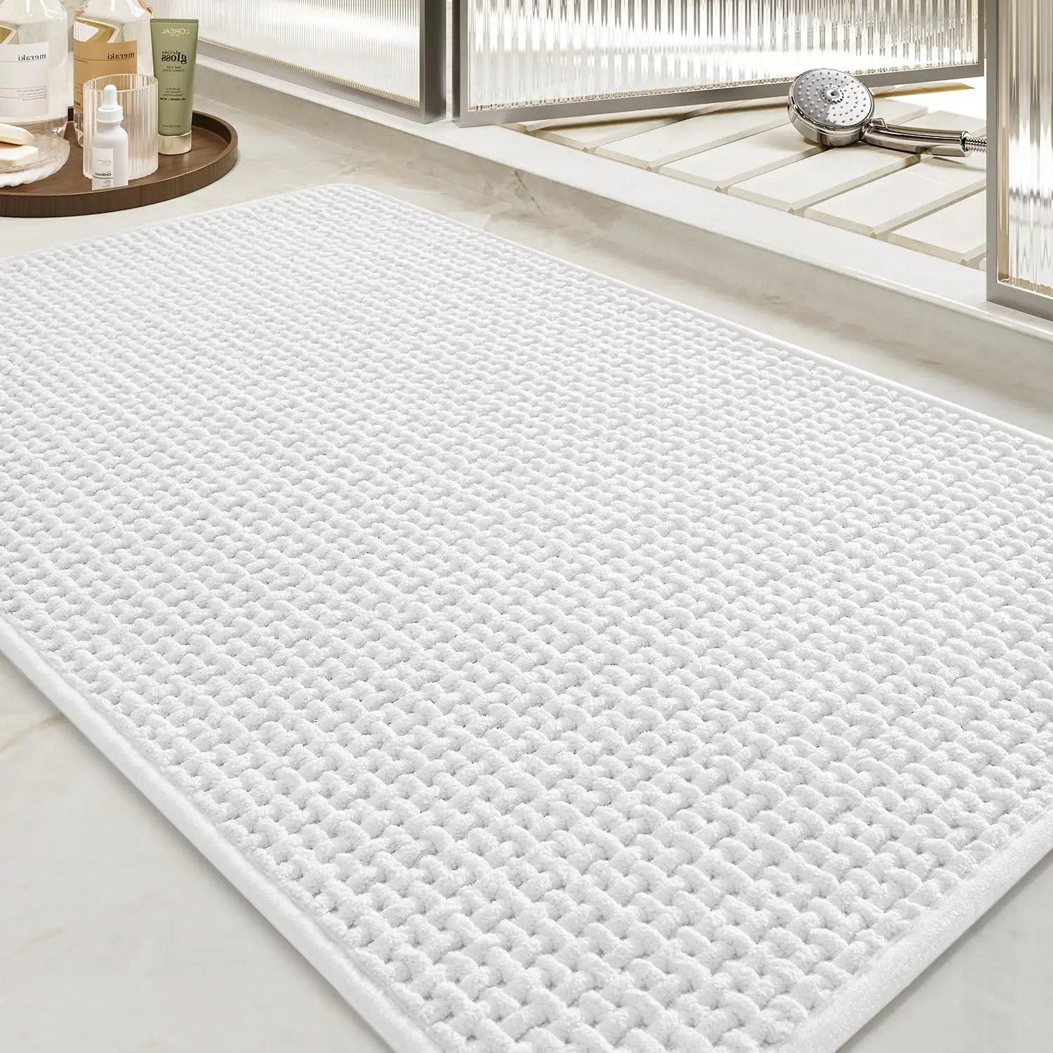 tchidio Soft Chenille Bath Mat-Super Absorbent Bathroom Mat Quick Dry- Rubber Backed Bath Mats for Bathroom Floor Non Slip- Machine Washable Bathroom Rugs Front of Bathtub,Shower Room,Sink-1728-WHITE