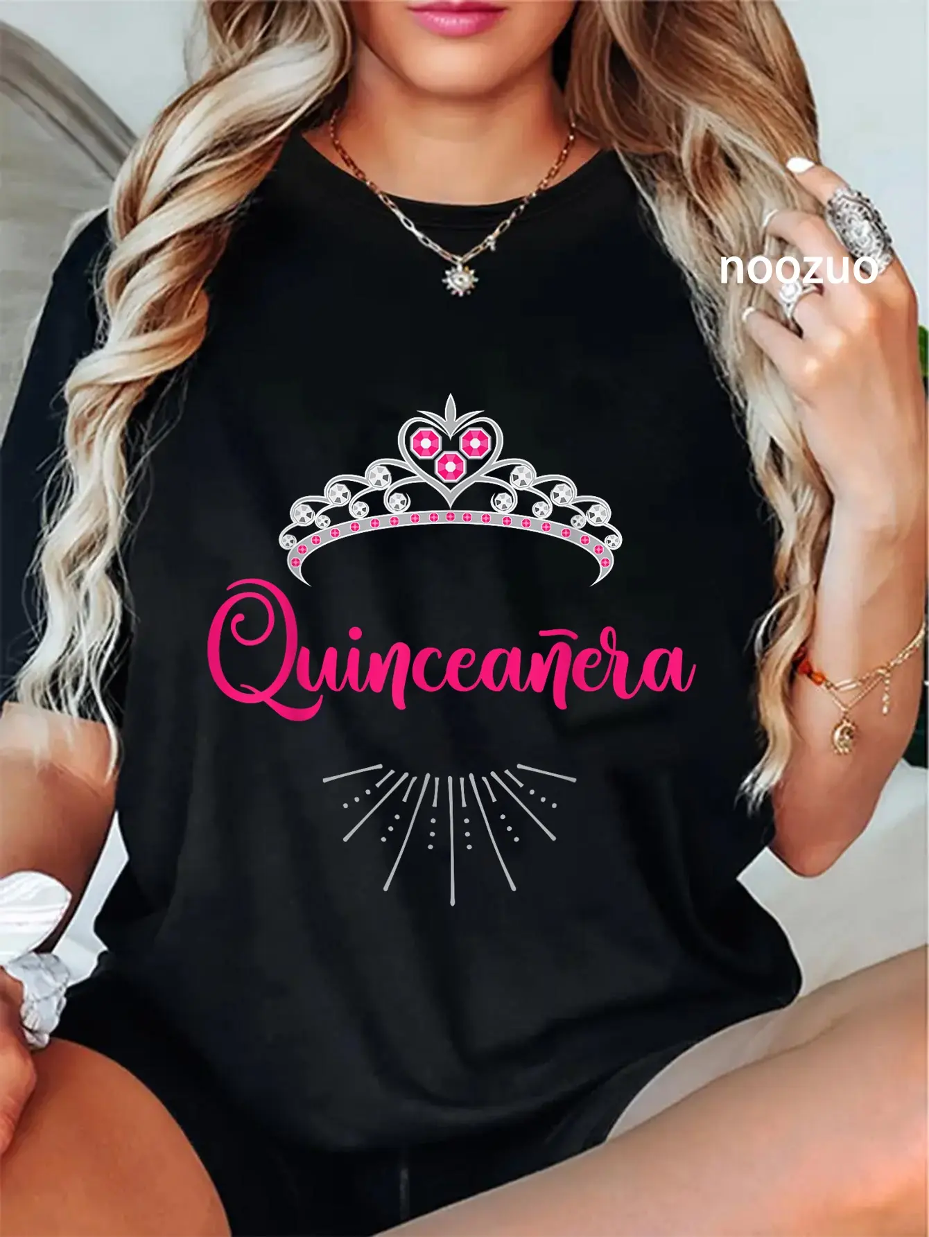 Quinceanera Graphic T-Shirt, Unisex Short Sleeve 100% Cotton Streetwear Top with Spanish Mis Quince Tiara Print for 15th Birthday, Shortsleeve, Tshirt, Everyday, Casual, Vintage, Women, Tiara Motif, Distressed Look