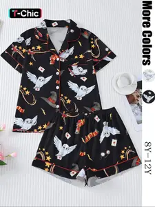 Women's Owl Print Short Sleeve Top & Elastic Waist Shorts Pyjama, Casual Comfy T-shirt & Shorts PJ Set, Ladies Sleepwear for Summer, Loungewear, Pajama Set, Pajamas Set