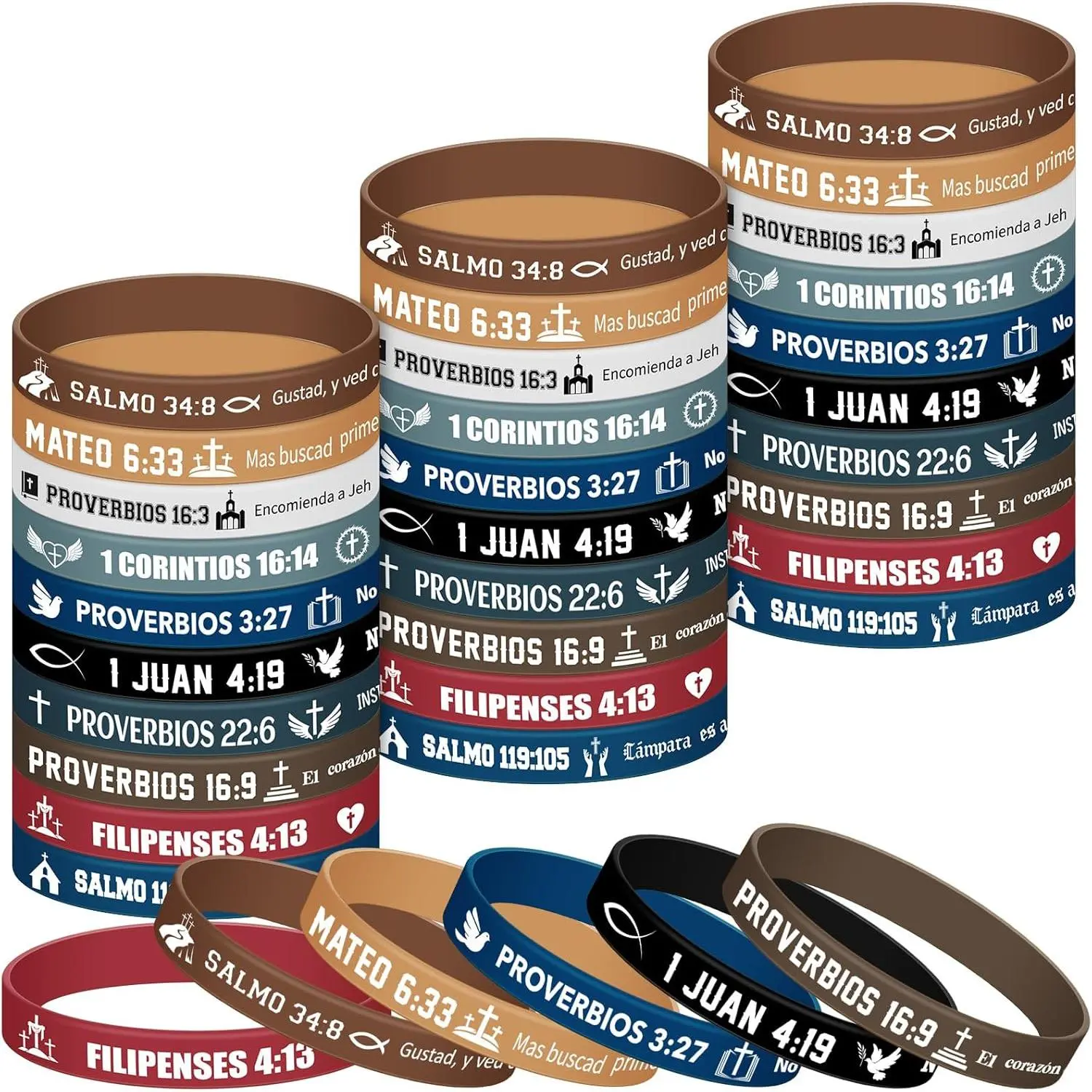 60 count Spanish Christian Bracelets  Verse Motivational Rubber Wristbands  Inspirational  Verse Bracelets Quote Christian Gifts for Women Men