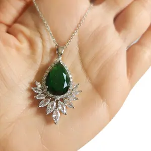 New 925 Silver Filled Pear Cut Emerald Diamond Necklace for Women Pendant & Chain