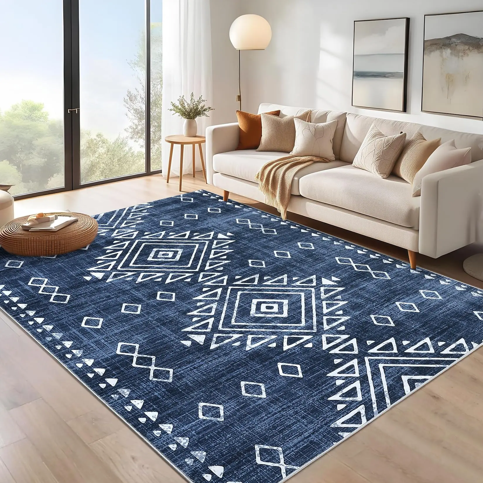 【GARVEE】Area Rug 8x10 Washable Rug Non Slip Vintage Rug for Living Room Tribal Distressed Thin Bedroom Rug Ultra-Soft Low Pile Accent Carpet Non-Shedding Aesthetic Rug for Office Farmhouse Dorm Blue