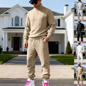 KZZ Men's Textured Knit Two-Piece Set High Neck Sweater with Drawstring Pants Soft Comfortable Casual Home Wear for Daily Outdoor Use Beige Black christmas gifts for him