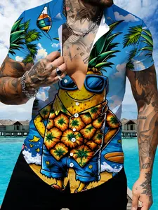 Tropical Style Pineapple Print Short Sleeve Shirt, Men's Hawaiian Style Beach Vacation Top, Print Casual Shirt