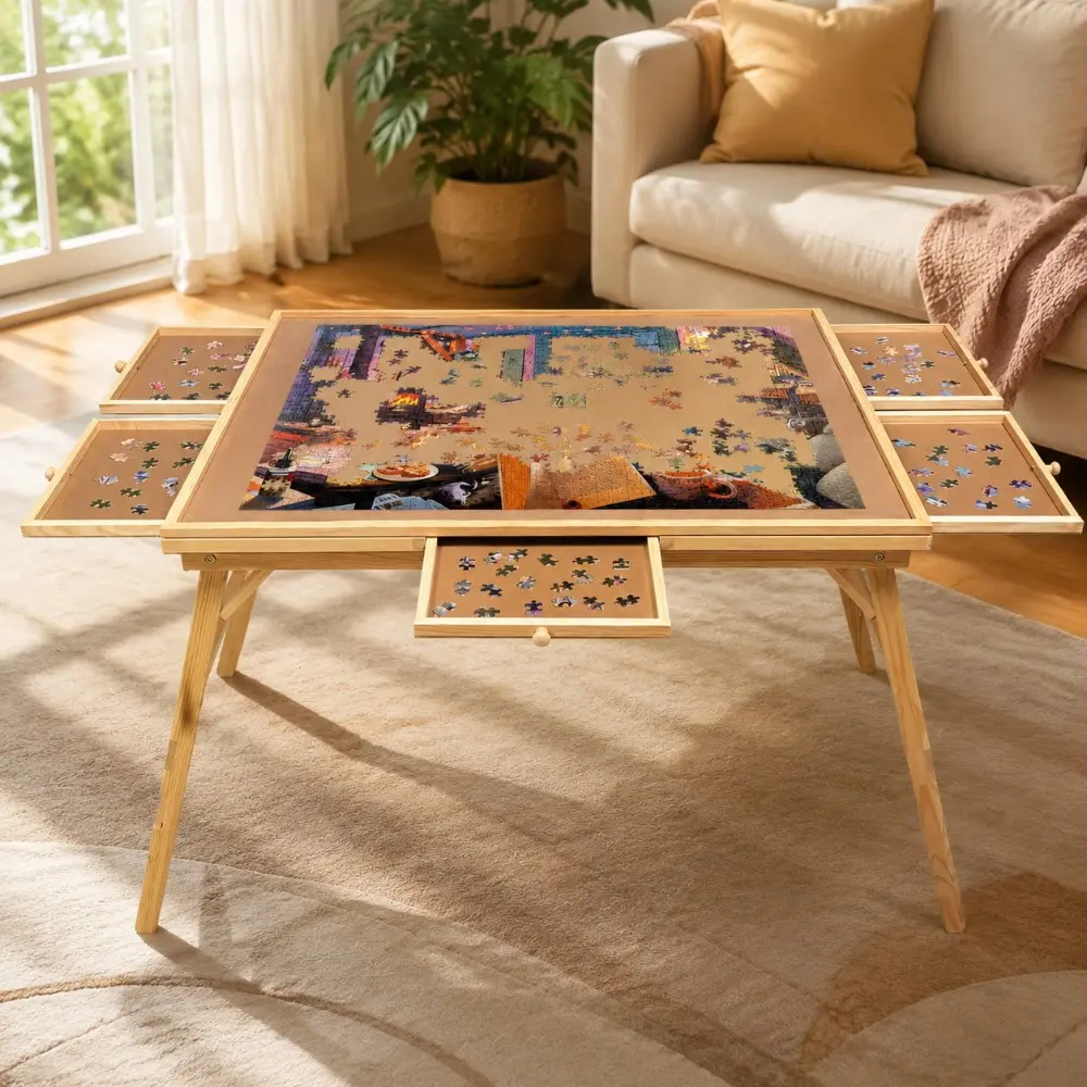 Littleox 27" H Tall 1500 Piece Puzzle Table with Legs, 5 Drawers, 34" W x 26" D Large Wood Folding Jigsaw Puzzle Board for Adults, Nature