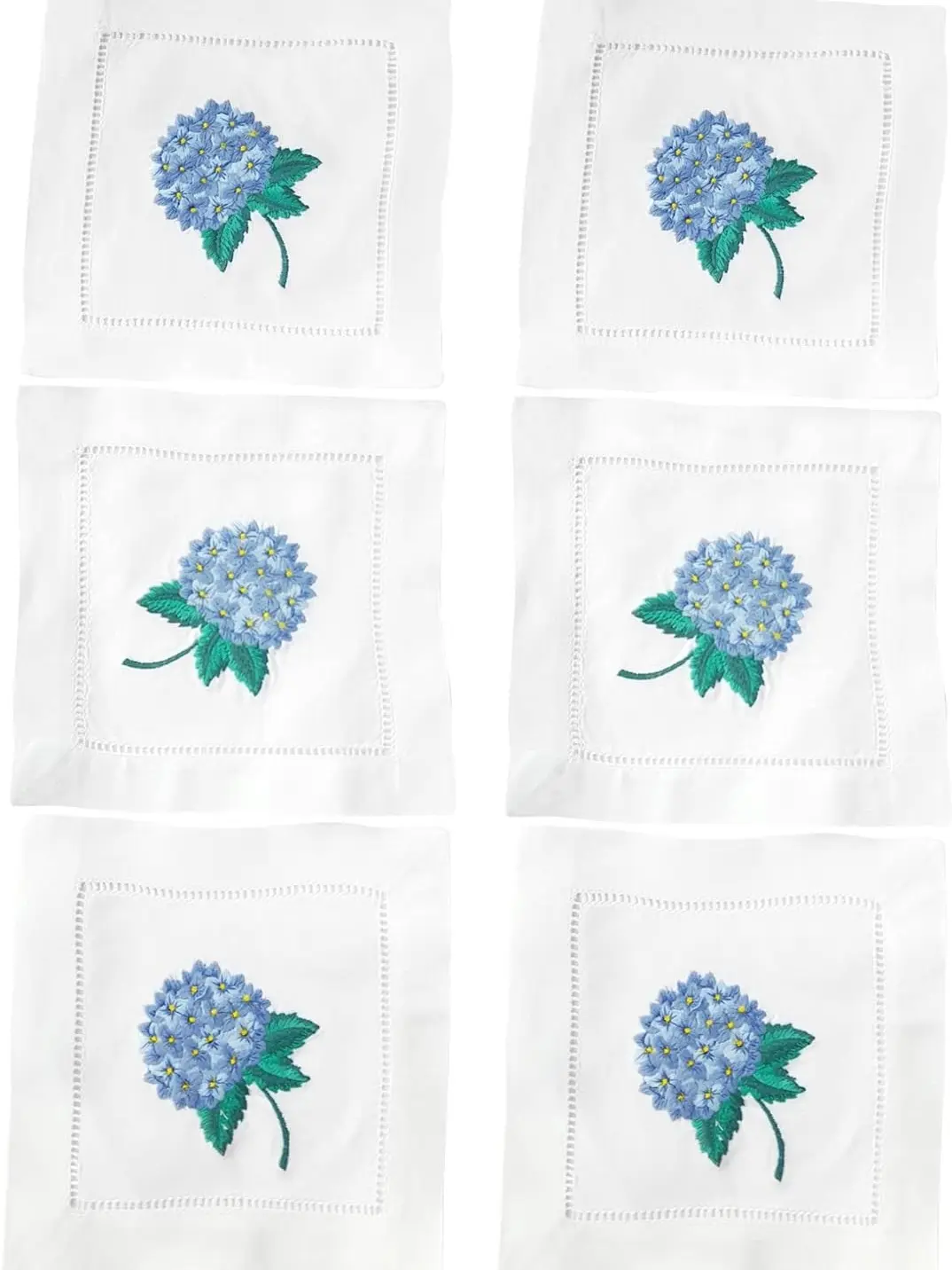 Hydrangea Embroidered White Cocktail Napkins 6"x6" Set of 6 Cloth Napkin Coasters