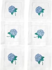 Hydrangea Embroidered White Cocktail Napkins 6"x6" Set of 6 Cloth Napkin Coasters