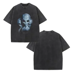 Vintage Black Trinity Alien T-Shirt Oversized Washed Alien Print Cyberpunk Top