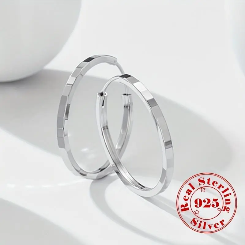 S925 Sterling Silver Hinge Ring Earrings, Elegant Embossed Square Design, Ideal Valentine's Day Gift for Women