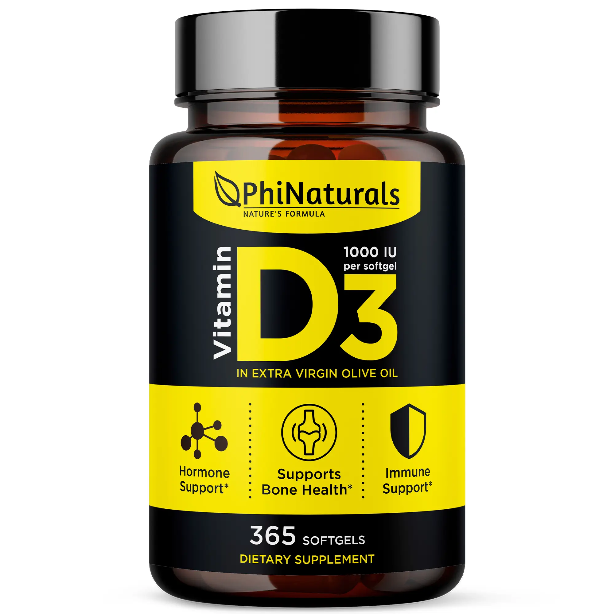 Vitamin D3 1000iu Softgels Supplement - PhiNaturals - Olive Oil Base 365 Gel Caps One Year Supply of Vit D, Vitamina D 3 1000 iu