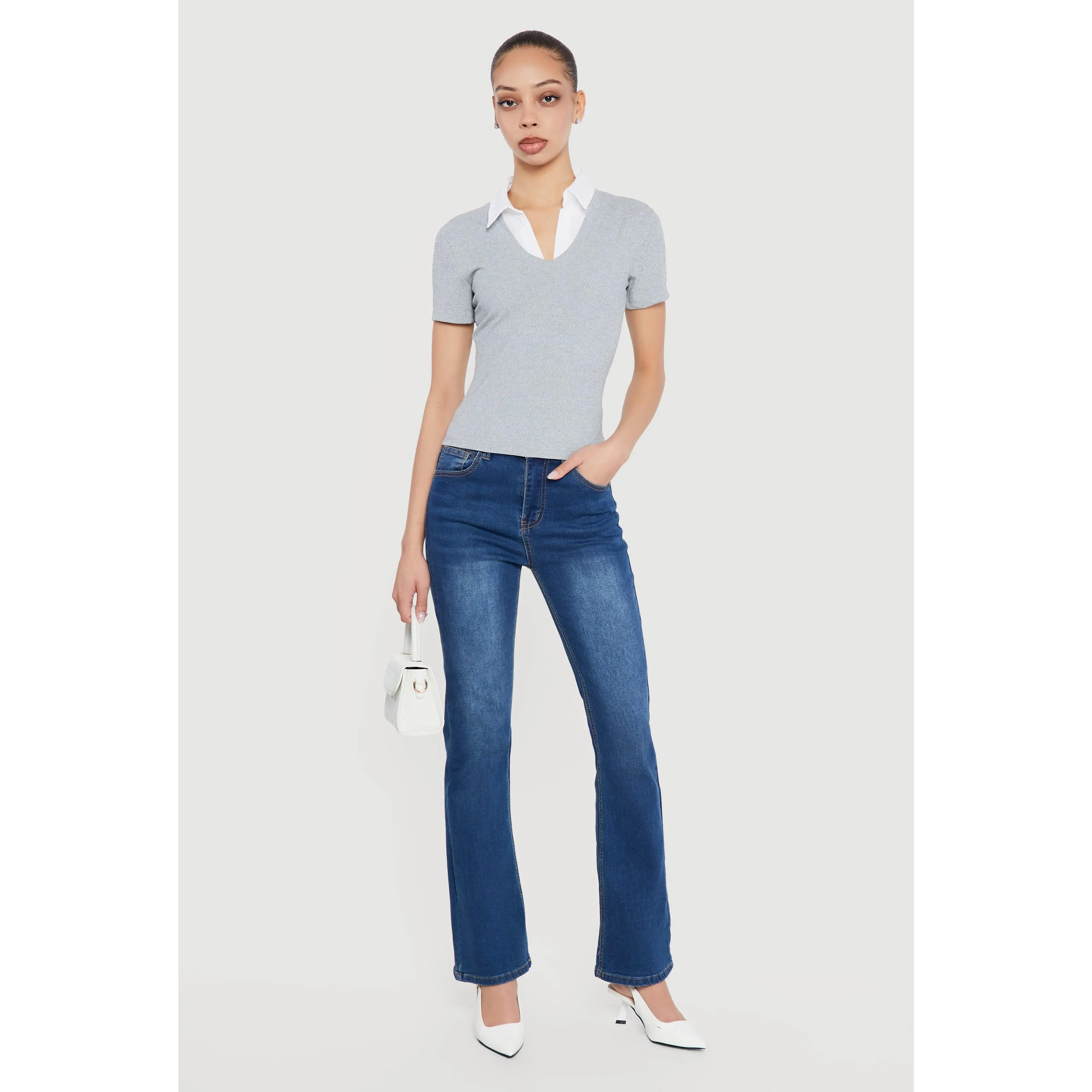 Layered Look Ribbed Knit Polo Top