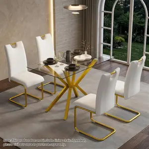 - Gold 47.24" Rectangular Dining Table, Tempered Glass Top & Metal Legs, Modern Style, 47.24"W x 27.56"D x 29.53"H, 220 lbs Capacity, Easy Assembly, Home Kitchen Dining Room Essential