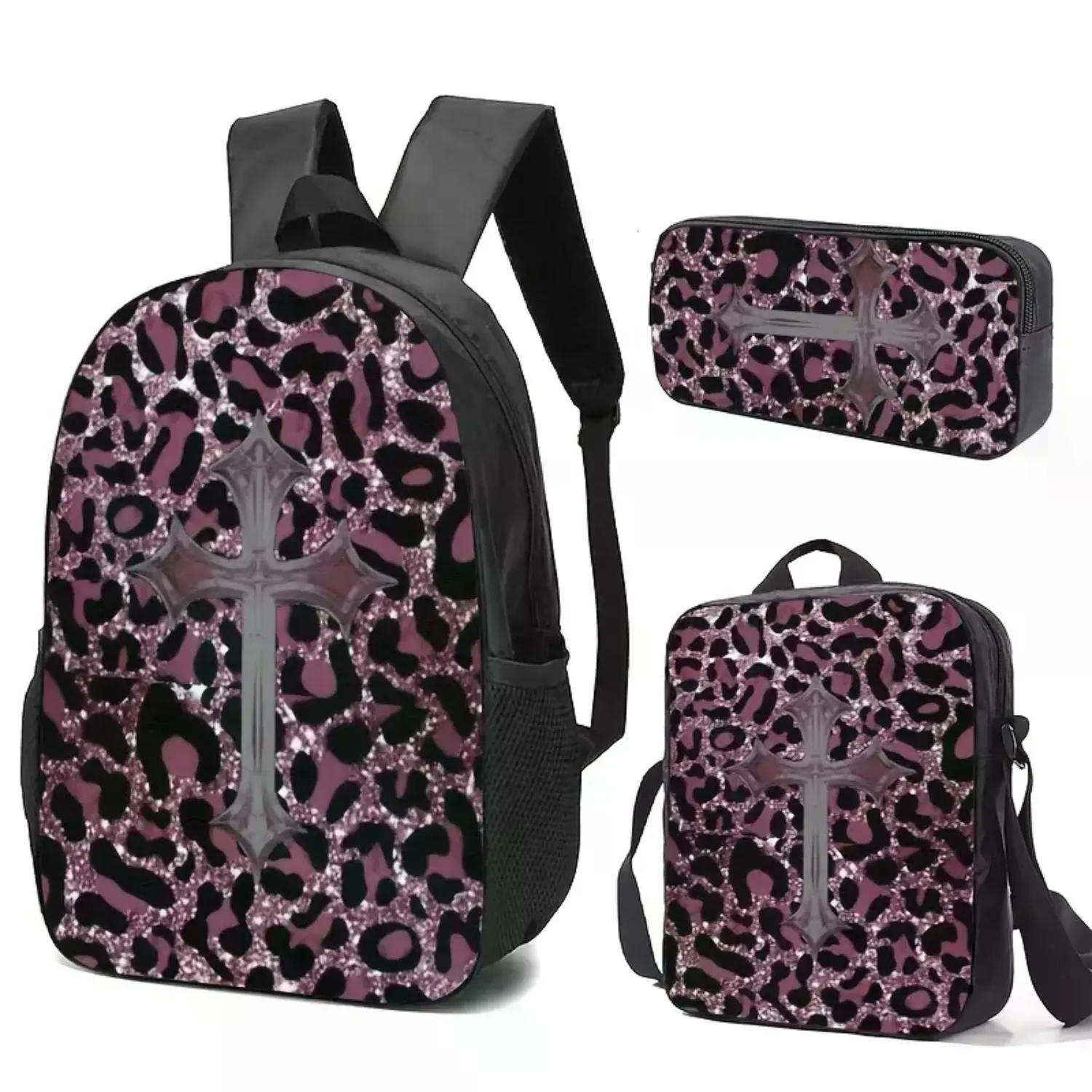 Leopard Print 4-Piece Unisex Casual Polyester Backpack Set - Cross Motif, Pencil Case, Lunch Bag, Durable HD Printing, Adjustable Black Straps, Zipper Closure, Spacious Storage for Daily Commutes, Travel