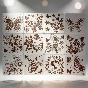 12-Piece Butterfly Flower Cutout Painting Template Set, DIY Home Decor for Fabric Walls Paper, Reusable Washable Plastic Material