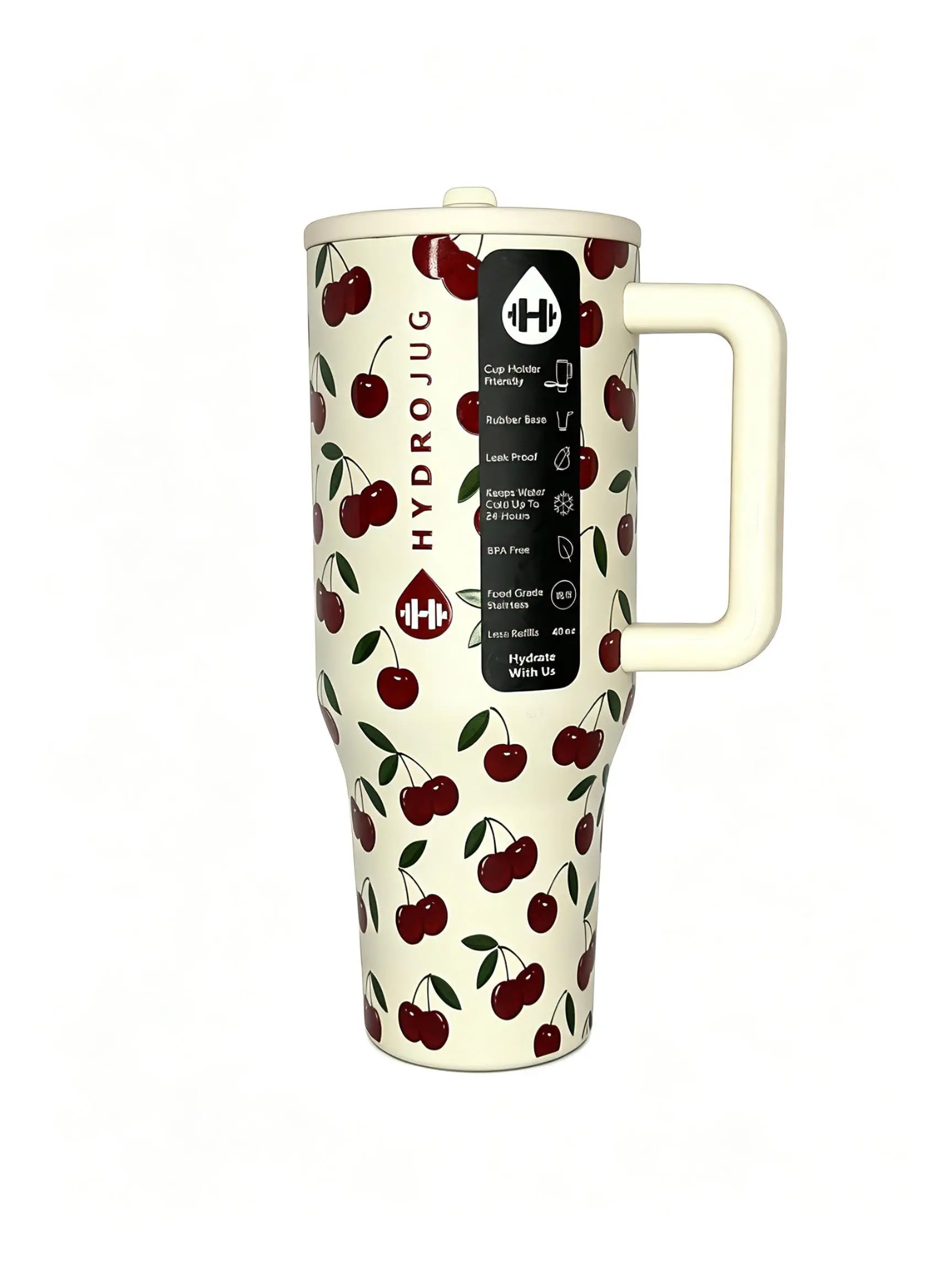 HydroJug 40 oz Cherry Pattern Insulated Vacuum Flask - Cup Holder Friendly, Leak-Proof Design, Reusable Drinkware Flasks